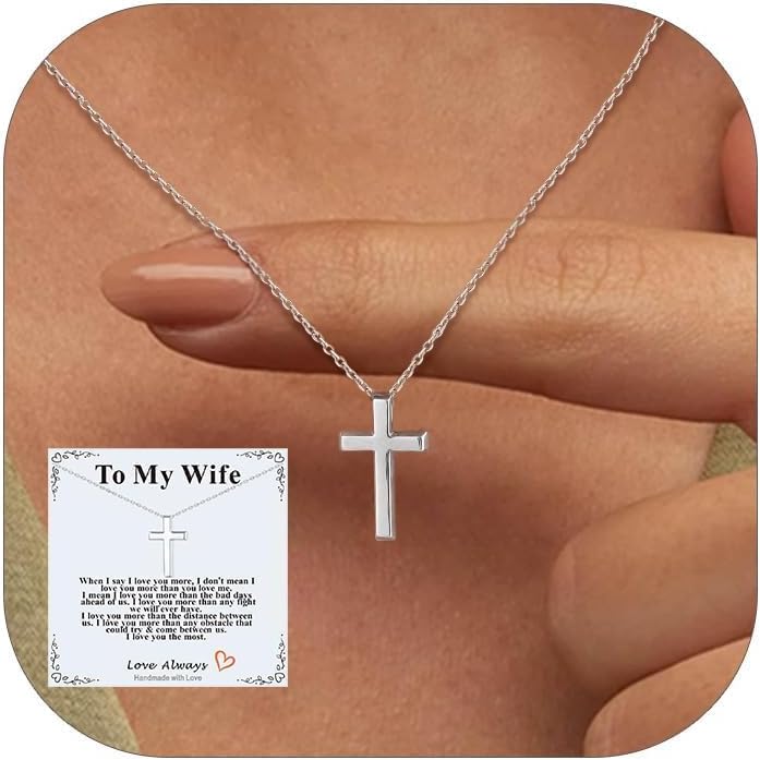 FaithHeart Stainless Steel Small Silver Cross Necklace for Women with Message Card - Non Tarnish Dainty Christian Faith Pendant Necklaces Gifts for Mom Wife, Birthday Jewelry Gift for Her
