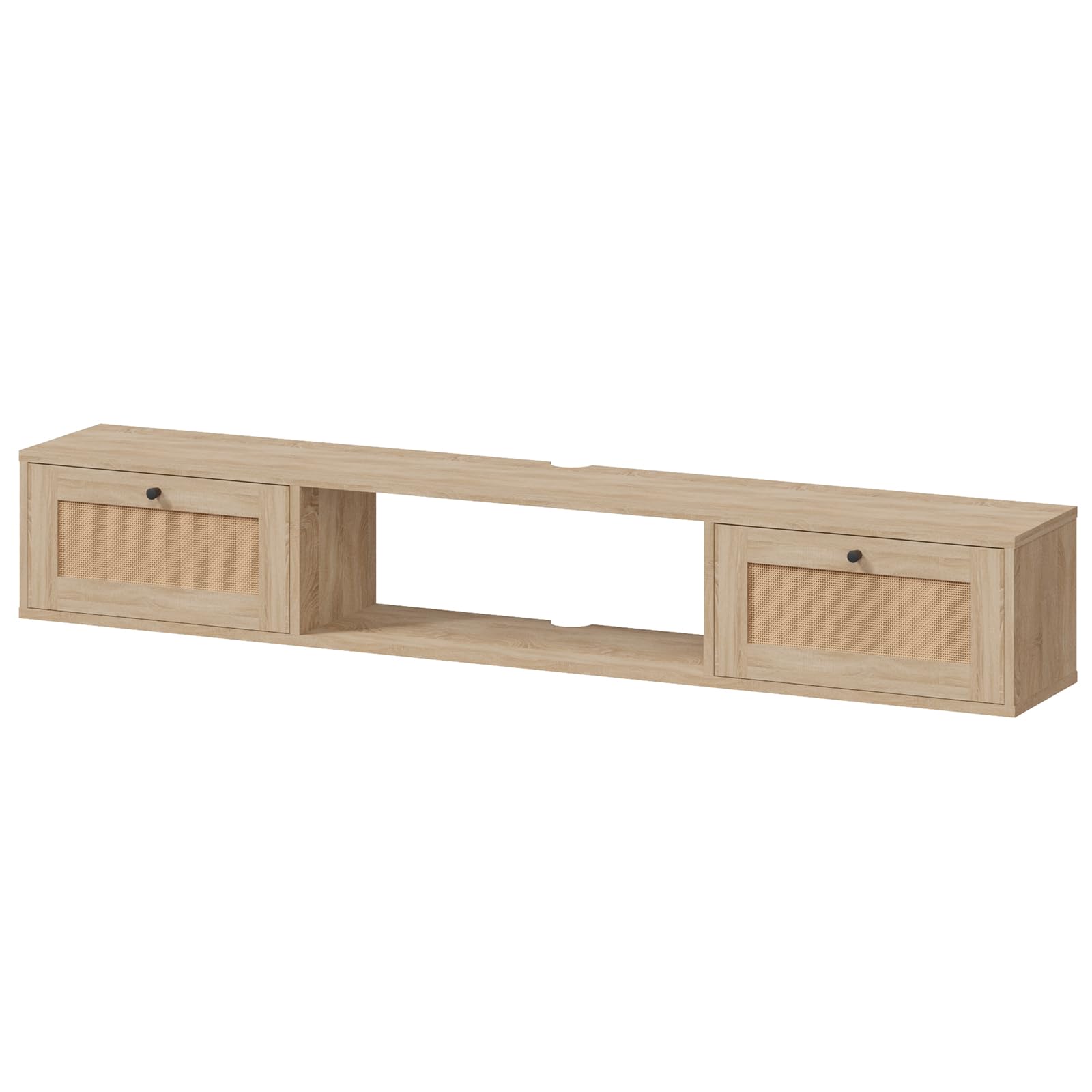 Mueble de TV Flotante 145 cm, Mueble TV Suspendido para Televisores de hasta 65 Pulgadas, Mesa para TV con Puertas de Ratán y Espacio Abierto de Almacenamiento para Salón, Roble Claro