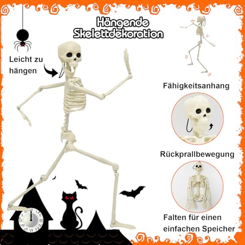 Halloween Deko Skelett, 2 Mini Hängende Skelett 40cm Plastikskelett Ganzkörper mit beweglichen Gelenken – Gruselige Dekoration für Innen/Außen, Party, Garten, Tür
