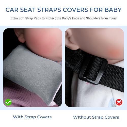 Image of COOLBEBE Car Seat Straps Shoulder Pads for Baby Kids, Super Soft Seat Belt Covers for All Car Seats /Pushchair /Stroller /High Chair(Grey /Pink)