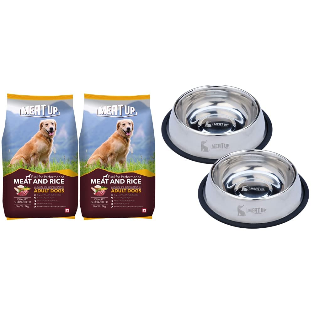 Meat Up Meat and Rice Adult Dry Dog Food, 3kg (Buy 1 Get 1 Free) & Meat Up Stainless Steel Dog Feeding Bowl - 850 ml (Buy 1 Get 1 Free) (B0B8ZLJ2WS) Amazon Price History, Amazon Price Tracker