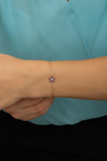 NEREZE 925 Ayar Gümüş Mor Taşlı Lotus Çiçeği Bileklik