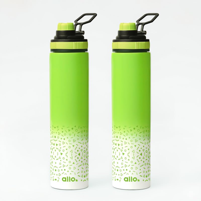 Image of Allo Stainless Steel Water Bottle For Adults, Kids 850ml Water Bottles For School, Office, Sports, Gym 850ml Water Bottle For Men And Women, Pack Of 2| Leak Proof, Bpa Free, Green White