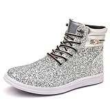 Trsorini Glitter Mens Shoes High Top Fashion Sparkly Sneakers Shiny Bling Sequin for Male Silver 10.5