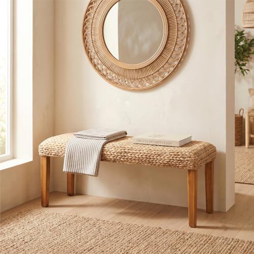 Image of Indoor Acacia Wood Bench 47 inch, Wicker Fishbone Water Hyacinth Woven Seat | Farmhouse Boho Style, Living Room or Entryway, Bedroom End of Bed or Dining