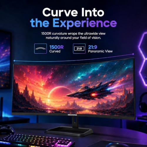 Image of Deco Gear 34 inch Curved Ultrawide Monitor, 3440x1440 UWQHD 21:9 100Hz 1500R | HDR 4000:1 | Adaptive-Sync | PIP /PBP | 100% sRGB | 1ms MPRT | 2 HDMI | 2 DP | 2K VA Screen for Business Laptop PC Home Office