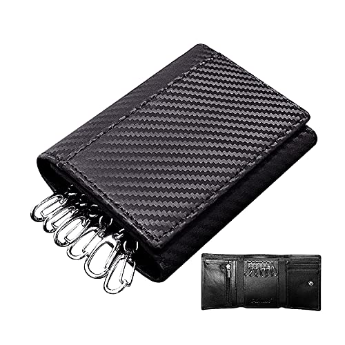 Haywood キーケース ミニ財布 (カーボン x 黒/ICカード 対応/スマートキー) 本革 6連 コンパクト (カード入れ/小銭入れ/お札入れ) オールインワン carbon BLK IC