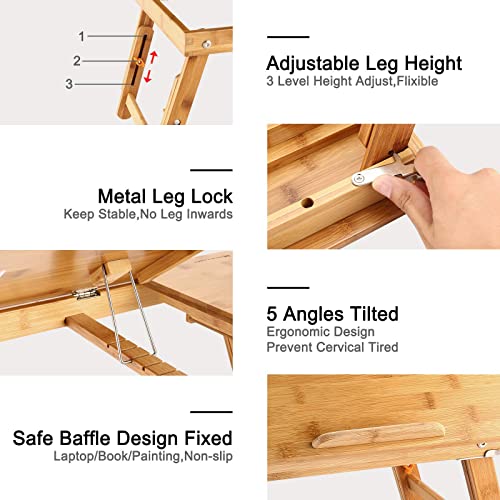 Laptop Desk Nnewvante Bamboo Bed Tray Adjustable Foldable Desk Bed Serving w\' Tilting Drawer - Thumbnail 5