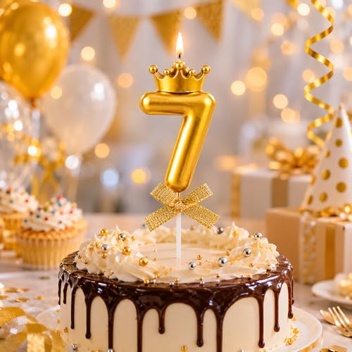 Image of Number 7 Unscented Candle with Crown for Birthday, Wedding, Engagement, Valentines Day Celebration, Theme Party, Bridal Shower, Bachelor Party Cake Topper for Decoration, Gold 1 pc