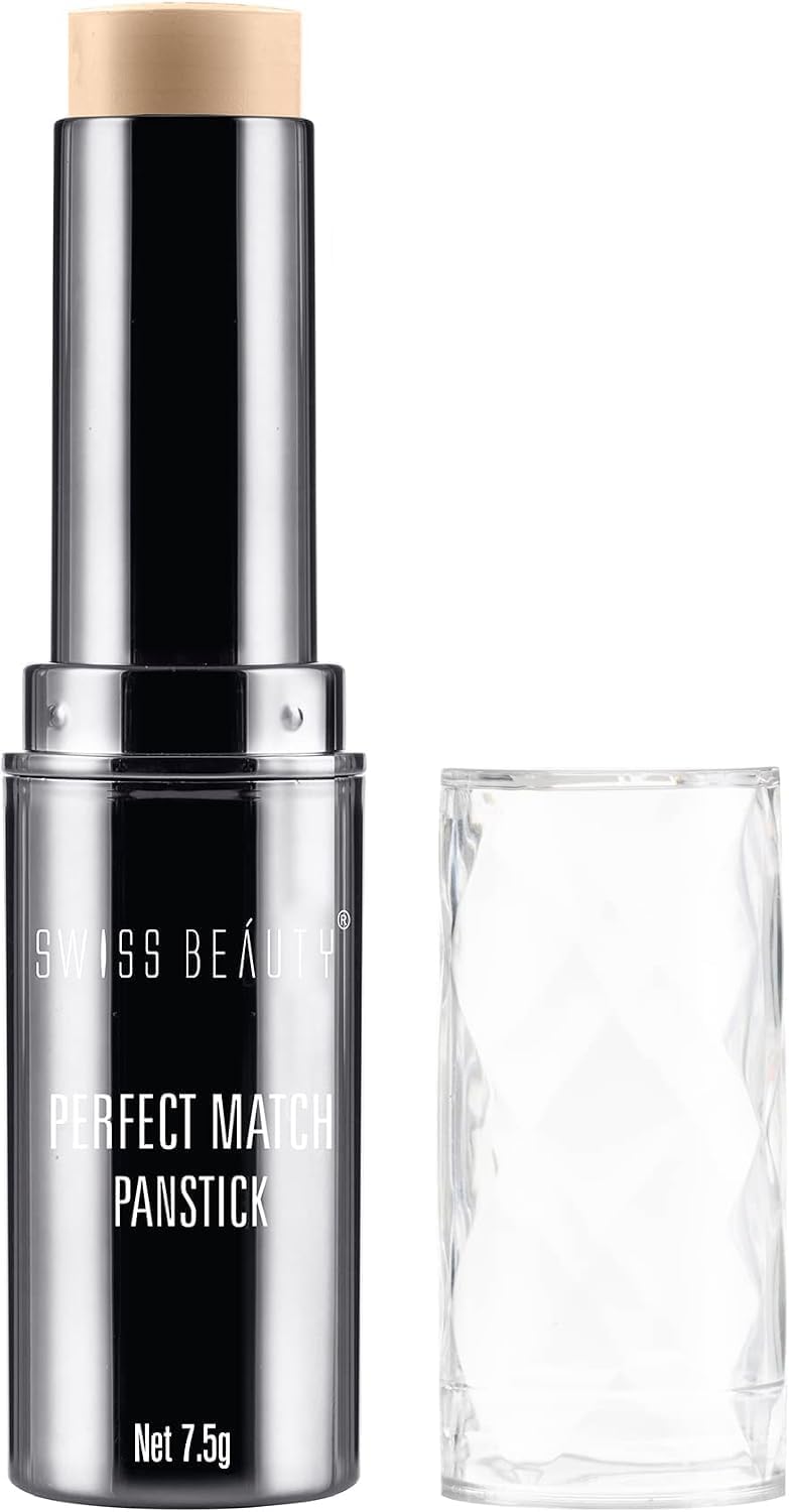 Swiss Beauty Perfect Match Panstick Foundation | Lightweight, Full Coverage Foundation With Natural And Dewy Finish For Face Makeup| Easy To Apply With Hand Stick Applicator | Shade-01, 7.5Gm |