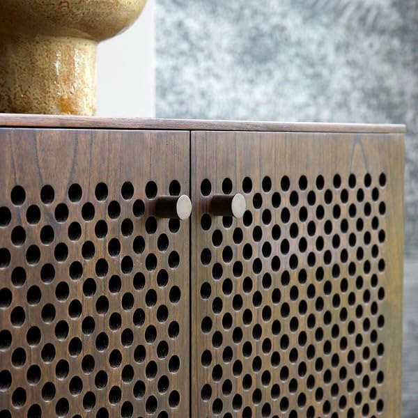 Image of PAPA JET Mid-Century Modern Sideboard Cabinet with Perforated Doors, Walnut Wood Finish, Storage Buffet with Shelves