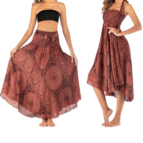 Lang Gedruckter Rock Damen Chiffon Bohemien, Boho Sommerrock, Urlaub Strandkleider (Einheitsgröße) (Orange Vibrant)