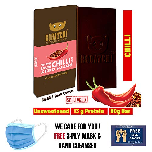 Image of BOGATCHI Chocolate 99% Dark| Chilli | Real Cocoa Intense Dark Chocolate, 80 gm