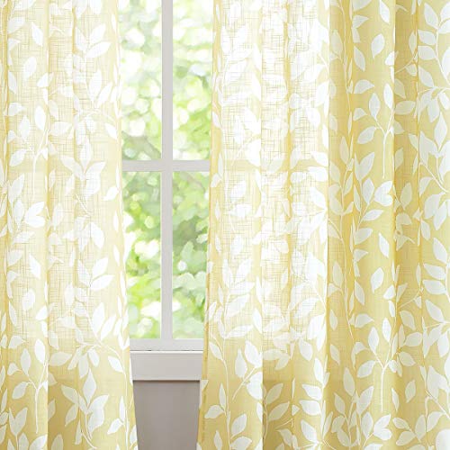 Image of Treatmentex Yellow White Curtains for Living Room 63 inch Length Leaves Print Semi-Sheers Curtains for Kid's Room Windows, Mustard Yellow, Grommet Top, 2 Pack