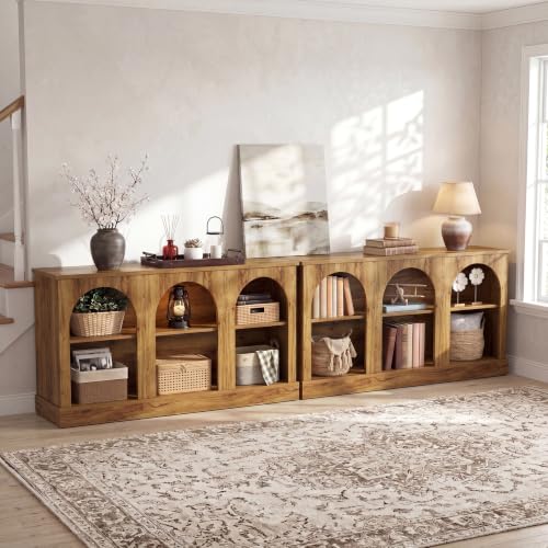 Image of Tribesigns Farmhouse Console Table Set of 2, Extra Long Entryway Table with 3 Tier Storage, Wooden Rectangular Sofa Table Behind The Couch for Entrance, Hallway, Living Room Natural Wood