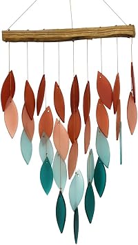 Blue Handworks Coral Ombre Waterfall Glass Wind Chime | Handcrafted Waterfall Glass Wind Chime with Ombre Gradient from Terracotta Coral and Blush Salmon to Soft Aqua and Deep Teal