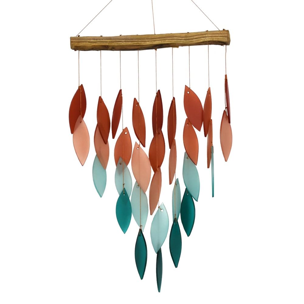 Blue Handworks Carillon éolien en verre et bois flotté en verre sablé et bois trouvé fabriqué à la main