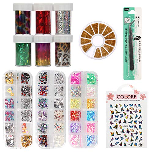 anmas rucci Acrylic Nail Art Tools Kit Set Colorful Glitter Nail Rhinestones Acrylic Nail Art Curved Tweezer 3D Nail Butterfly Sticker Manicure Color Rhinestones #F