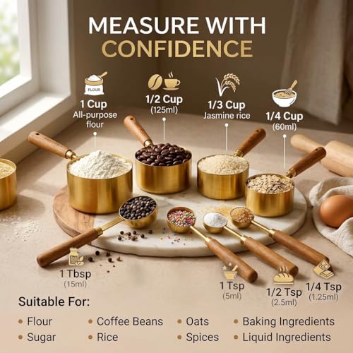 Image of Gold Stainless Steel Measuring Cups and Spoon Set | Wooden Handle Measuring Spoon Scoop Set | Measuring Cups and Spoons Set | Baking Utensils