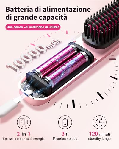Bopcal Spazzola Lisciante Senza Fili 10000mAh - 2 in 1 Piastra frisè per Capelli 300 Milioni di Ioni, Riscaldata 30S, Ceramica antiscottatura, 120Min di Autonomia, da Viaggio, Portatile e Powerbank - Immagine 2