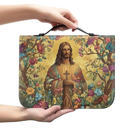 Waterproof Pu Leather Bible Cases Jesus with Clouds Bible Cover Case for Women Large Capacity Book Cover with Handle Zipper Church Book Case with Pocketss