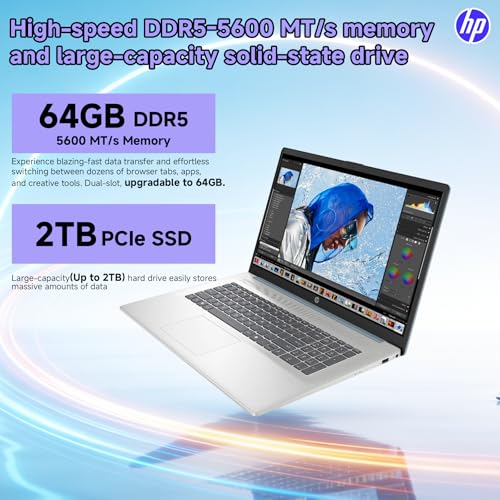 Image of HP 17 Inch Touchscreen Laptop, Intel Ultra 7 255U, 17.3 inch HD+ Display, 64GB DDR5, 2TB SSD, Win 11 Pro, Intel Built-in AI(12 Tops), Backlit KB, Wi-Fi 6, BT 5.4, Fast Charge, W /REDRAGON Accessories
