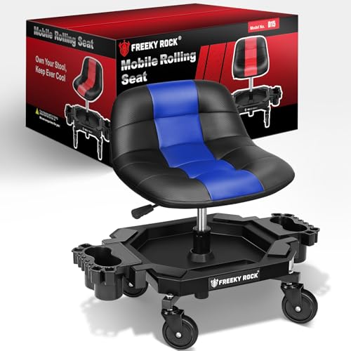 Image of Rolling Stool with Wheels, Adjustable Height Pneumatic Garage Work Mechanic Stool Seat with Backrest, 400 LBS Capacity 360 Swivel Mechanic Crepper Chair with Tool Tray Storage, Blue