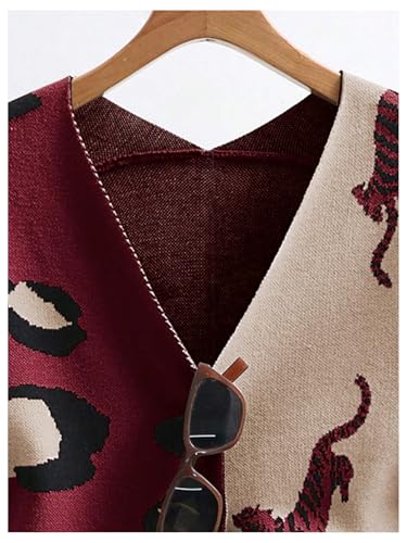 Image of WDIRARA Women's Leopard Tiger Print Cardigan V Neck Long Sleeve Color Block Button Down Sweater Outwear