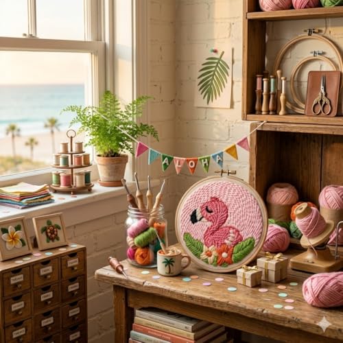 Image of Punch Needle Kit, Cute Cartoon Flamingo Embroidery, Embroidery Starter Kit for Beginners, Mother's Day, Children's Day, Birthday Gifts & Decorations, 7.87x7.87inch