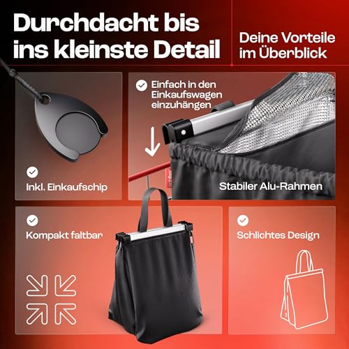 achilles Easy-Cooler Alu, Faltbare Einkaufswagentasche mit Kühlfach, Einkaufstasche passend für alle gängigen Einkaufswagen, 33x50x38cm