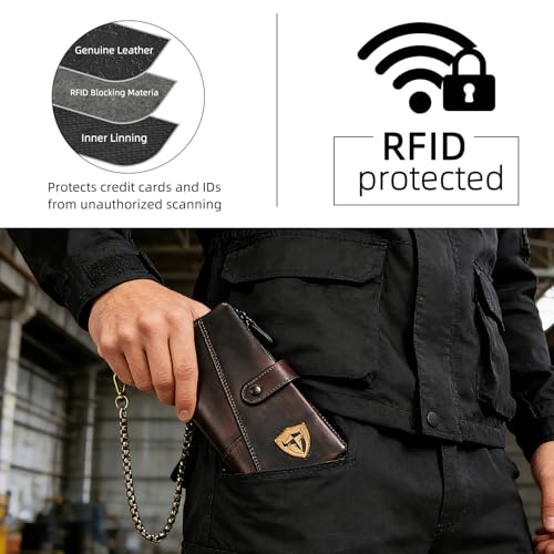 Image of Genuine Crazy Horse Leather Travel Gift Coin Pocket Card Case Long Organizer Chain Rfid Wallet Purse With Snap For Men Male 1803 1815 (1803 Brown 26a)