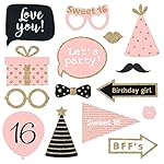 Fully Assembled Sweet 16 Birthday Photo Booth Props - Set of 30 - Pink & Gold Selfie Signs - 16th Party Supplies & Decorations - Cute 16th Bday Designs with Real Glitter - Did We Mention No DIY - Image 4
