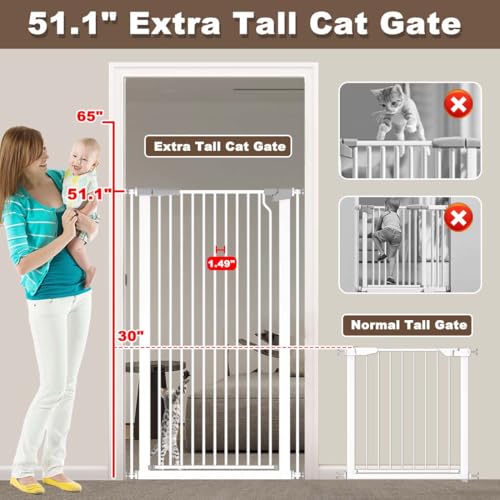 Fairy Baby 51.18" Extra Tall Cat Pet Gate, 48.5"-56.2" Extra Wide Long Dog Gate for The House, Doorways, Hallways, Metal Large Pet Barrier Fence Indoor Kids Toddlers Gate Auto Close No Climb, White - Image 4