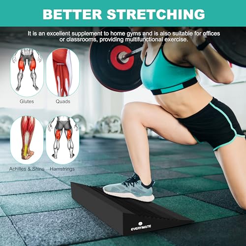 Image of EVERYMATE Slant Board Calf Stretcher, Non-Slip Heel Elevated Squat Wedge Block for Weightlifting and Calf Stretching, Knees Over Toes Equipment 1000LB