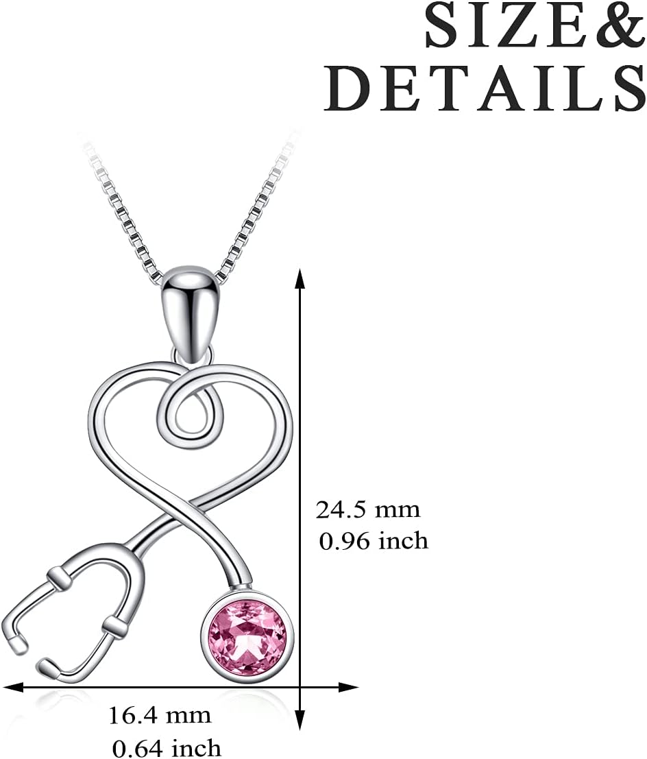 AOBOCO Stethoscope Necklace 925 Sterling Silver Embellished with 12 Months Birthstone Crystals from Austria, Graduation Gifts Medical Jewelry for Doctor Nurse Medical Student RN - Image 3