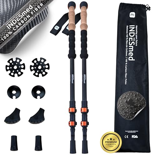 INDESmed | Bastones de Trekking 100% Fibra de Carbono – Ultraligeros, Telescópicos y Ajustables con Cierre Metálico Rápido | Bastones de Senderismo para Montaña, Trail Running y Nordic Walking