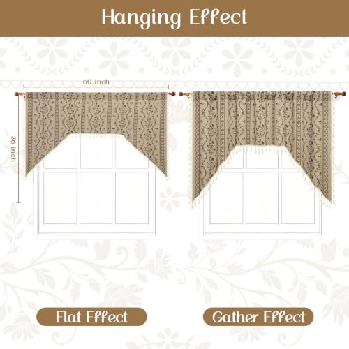Image of Yinhua Boho Swag Valance Curtains Vintage Linen Valances for Windows Light Filtering Floral Kitchen Valance Rod Pocket Rustic Tassel Window Valances for Bathroom Cafe, 60 inch W x 36 inch L, Beige Brown