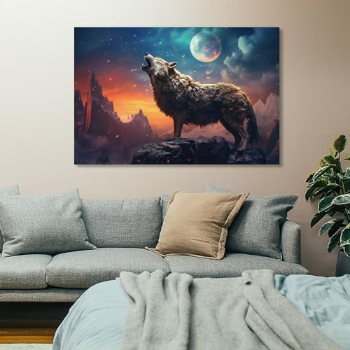 Impression sur toile loup gris encadrée avec lune abstraite