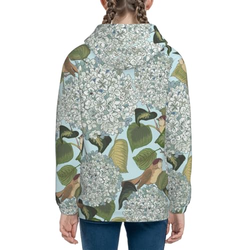 Hydrangea and Small Bird Kids Pullover Hoodies Boys Sweatshirts Girls Athletic Clothes with Pocket4