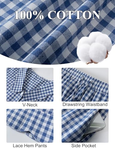 Kissonic Womens Gingham Pajama Set 2 Piece Scalloped Edge Plaid Babydoll Pjs Long Sleeve Cotton Sleepwear Lounge Set(Navy-M)