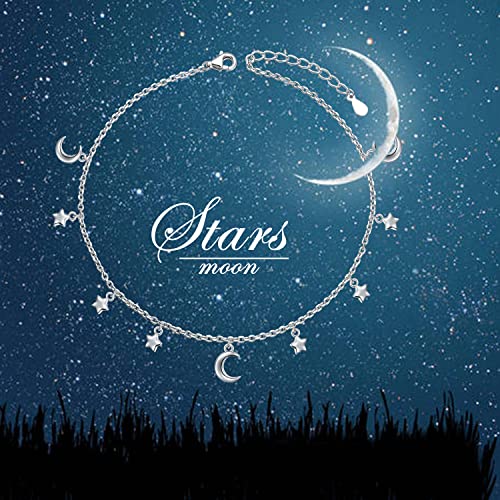 Daochong Ankle Bracelets For Women 925 Sterling Silver Adjustable Moon Star Anklets Charm Foot Bracelet Anklets For Women Girls 9+1 Inch #TOP4