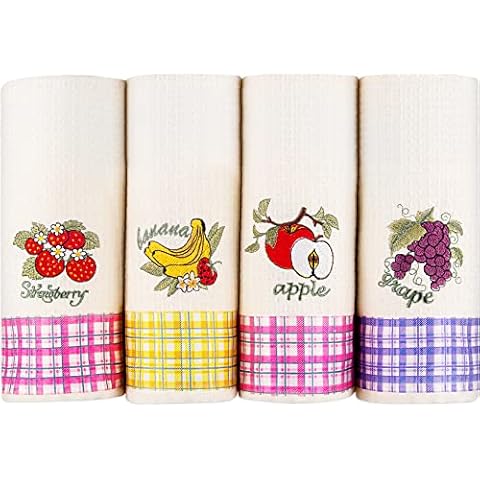 Lavien Home, Dish Towels for Kitchen Rustic Home Decor, Turkish Cotton Waffle Weave Fruits Embroidery Washable Tea Towels with Plaid Housewarming Gift (Set of 4), 16 x 23 inches Cover
