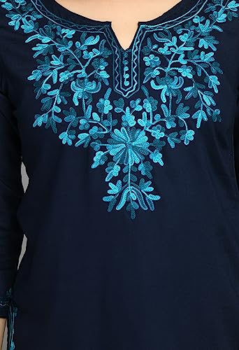 Image of QAZMI Women's Rayon Cotton Kasmiri Kurti with Floral Embroidery
