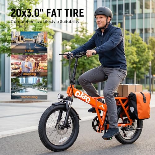 Qlife Hunter Foldable Electric Bike for Adults, Peak 1200W Ebike with 48V 13.5Ah Battery, 65-Mile Range, Heavy-Duty Rear Rack, 20-Inch Fat Tires, Folding E Bike for Commuting & Outdoor Use