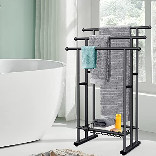Kayfia 40\" H Free Standing Towel Rack, 3 Tier Alloy Steel Stand with Basket, Blanket Drying and Display Rack for Oversized Bath Towels Bathroom Accessories, Next to Tub or Shower (Black)