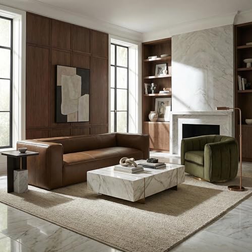 Image of 2026 New Luxury Curved Leather Sofa and Swivel Chair Set, 92.5 inch, Velvet | 2026 New Luxury Curved Leather Sofa and Swivel Chair Set, Tan Leather Sofa with Green Velvet Swivel Barrel Chair
