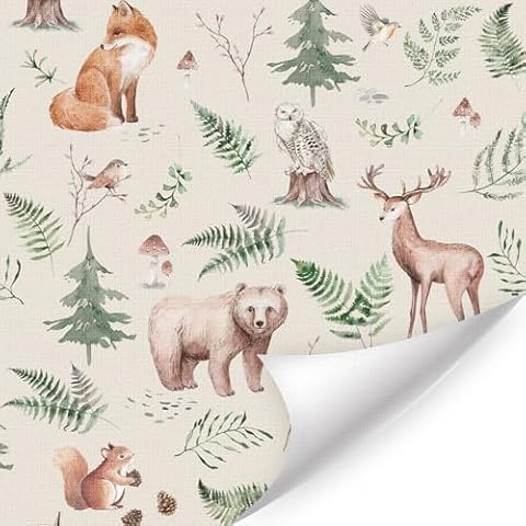 HLNIUC Beige Woodland Peel And Stick Wallpaper 17”x118”Forest Themed Room Paper Safari Animal Wall Paper Jungle Woodland Contact Paper Wildlife Fox Deer Bear Owl Wall Mural Squirrel Paper for Nursery Cover