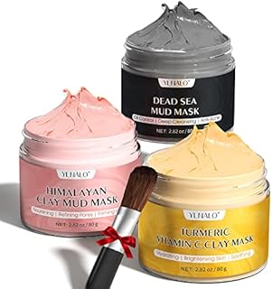YLNALO Turmeric Vitamin C Clay Mask, Dead Sea Mud Mask, and Himalayan Clay Mask, Facial Skin Care Mask Set for Deep Pore Cleansing, Reduce Blackheads Acne, Dark Spots, Oil Control, and Radiant Skin