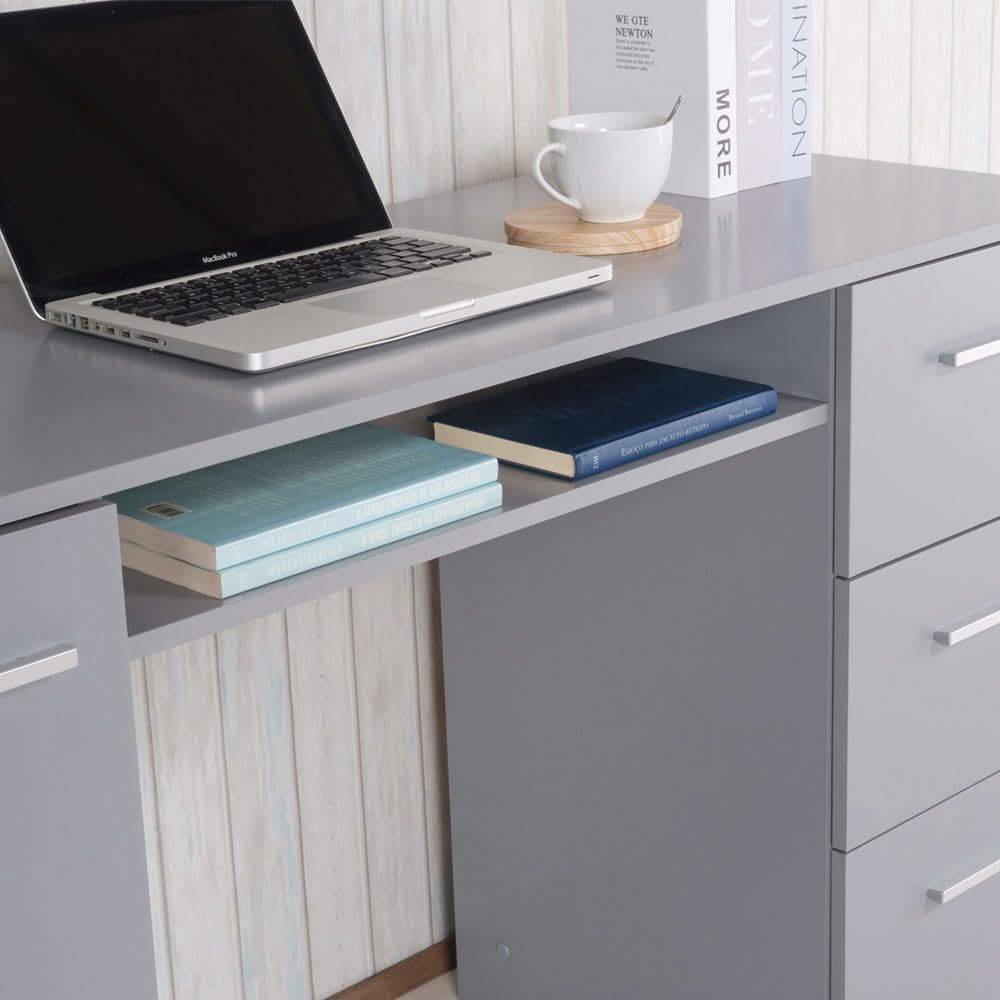 Gray Wood Gaming Desk with Drawer and Shelf