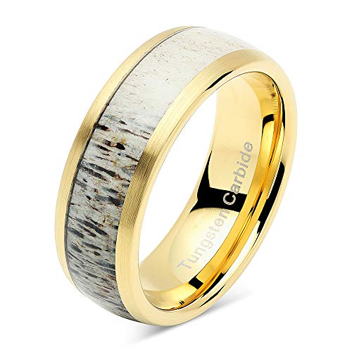 100S JEWELRY Tungsten Rings for Men Gold Wedding Band Antler Inlaid Dome Edge Matte Finish Size 8-16